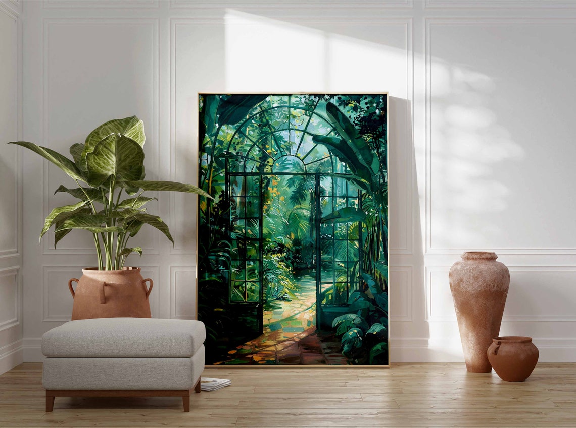 Emerald Glasshouse Doors Lush Tropical Foliage Garden Art Poster - Image 2