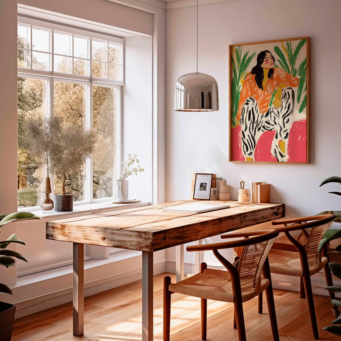 Woman in Orange Sweater and Zebra Pants Tropical Botanical Poster - Image 3
