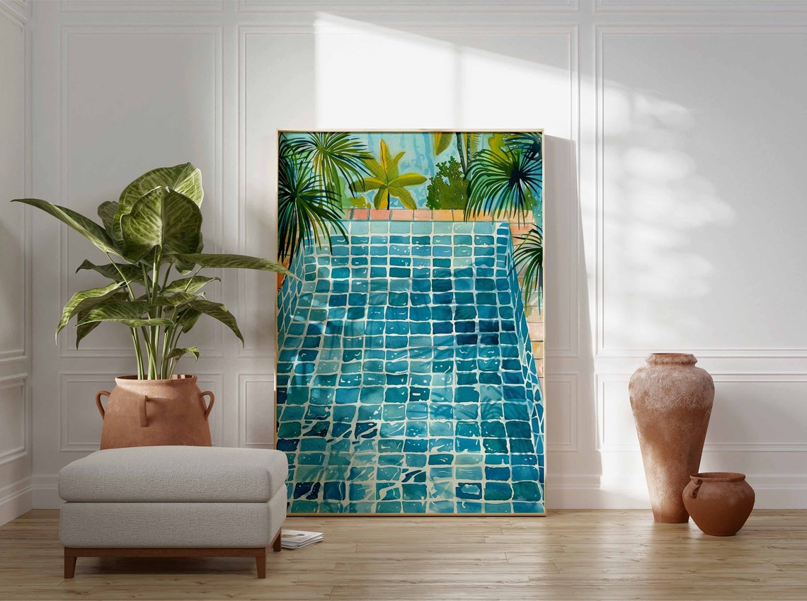 Tropical Swimming Pool Watercolor Palm Trees Resort Art Wall Poster - Image 2