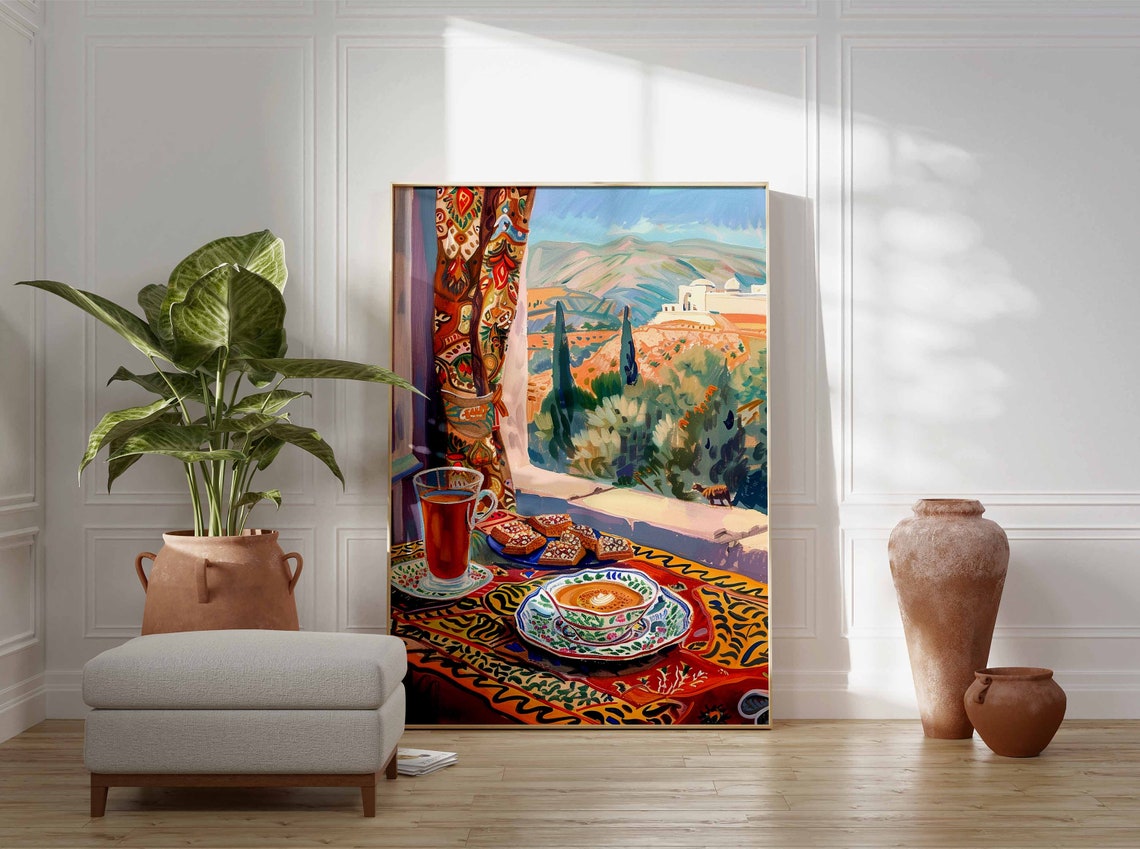 Tea and Coffee Sesame Pastries Hillside View Textile Art Poster - Image 3