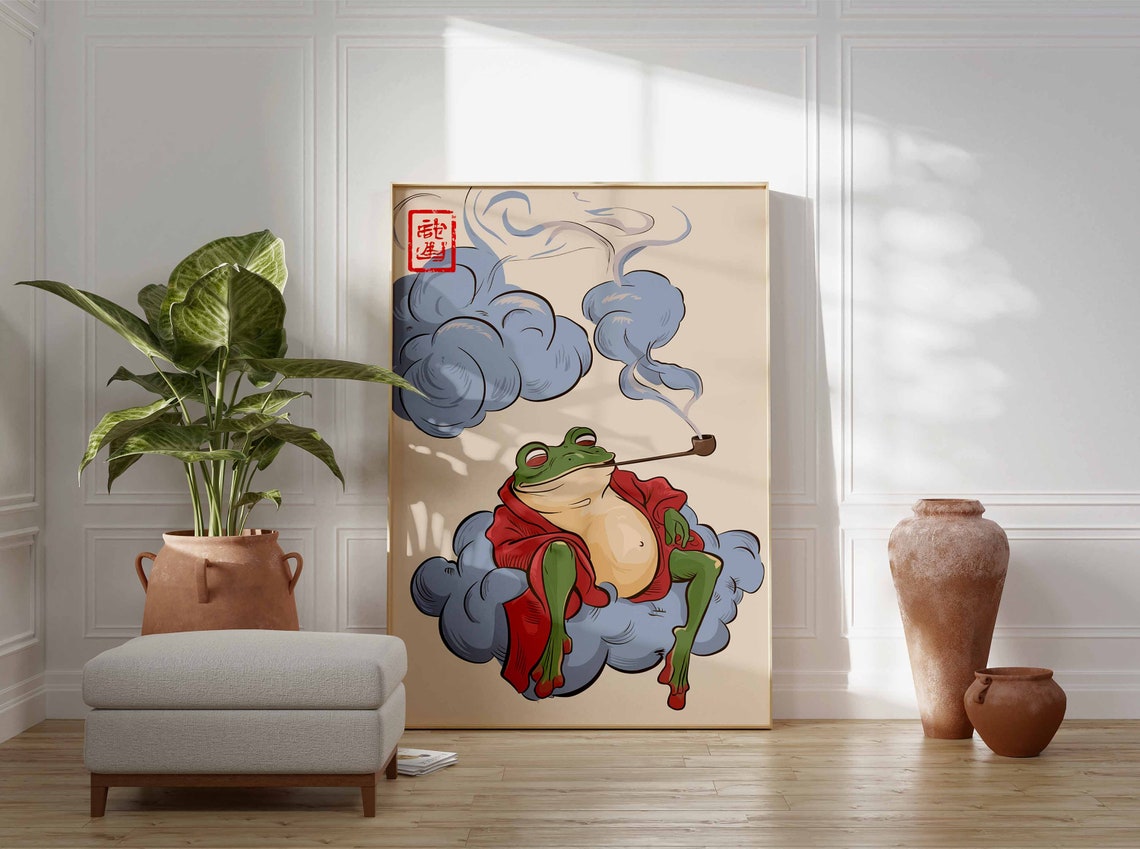 Lounging Frog Smoking Pipe Clouds Red Robe Japanese Humor Poster - Image 2