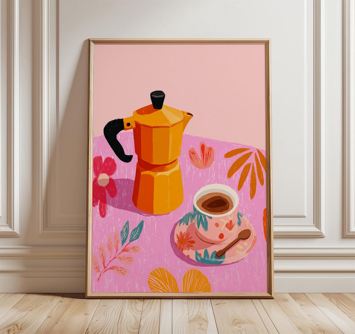 Orange Moka Pot Coffee Art Print Pink Floral Retro Kitchen Decor