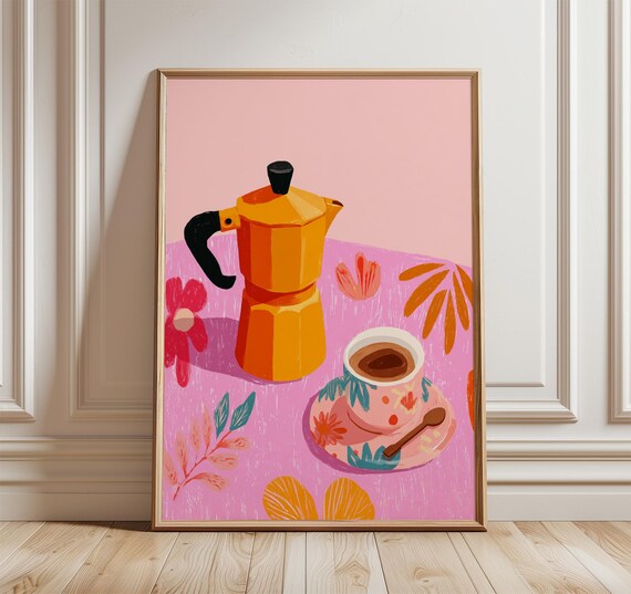 Orange Moka Pot Coffee Art Print Pink Floral Retro Kitchen Decor