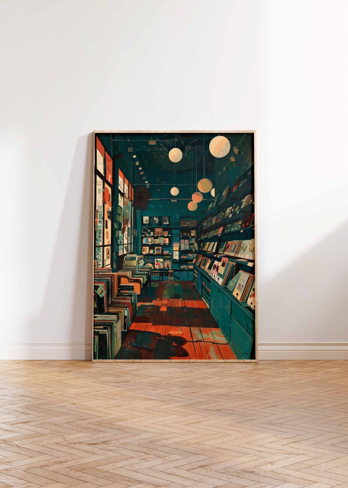 Moody Teal Record Shop Interior With Rows of Vinyl Albums Poster - Image 2