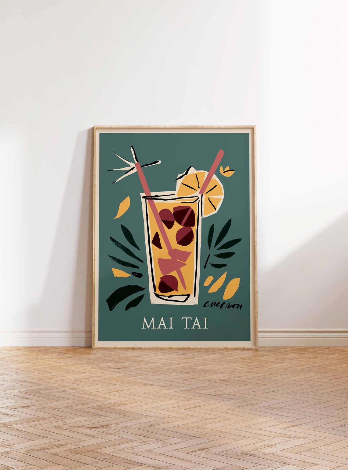 Mai Tai Golden Tropical Glass Red Straws Retro Cocktail Bar Poster - Image 2