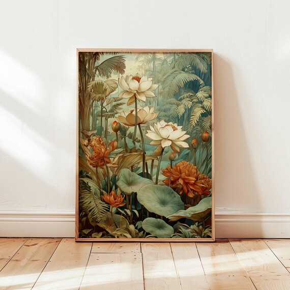 White Lotus Blossom Tropical Botanical Garden Illustration Poster