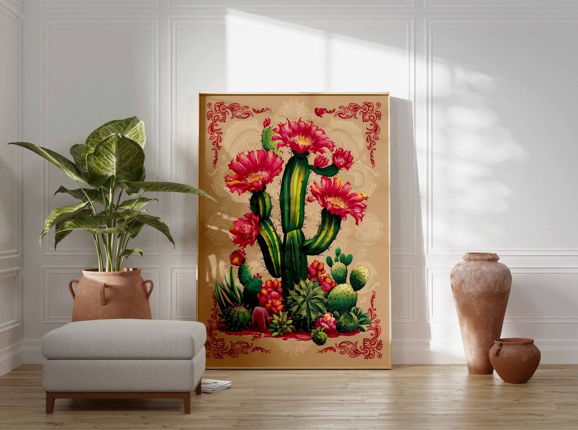 Blooming Columnar Cactus Pink Flowers Desert Botanical Poster - Image 2