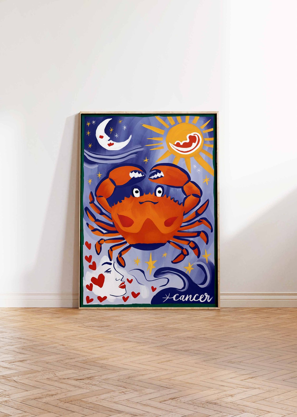 Cancer Zodiac Crab Blue Night Sky Moon Sun Red Hearts Art Poster - Image 2