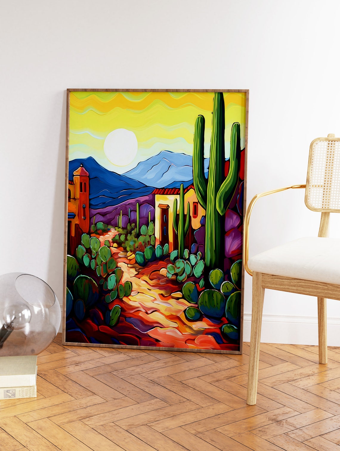 Colorful Desert Village Saguaro Sunset Landscape Painting Poster - Image 2