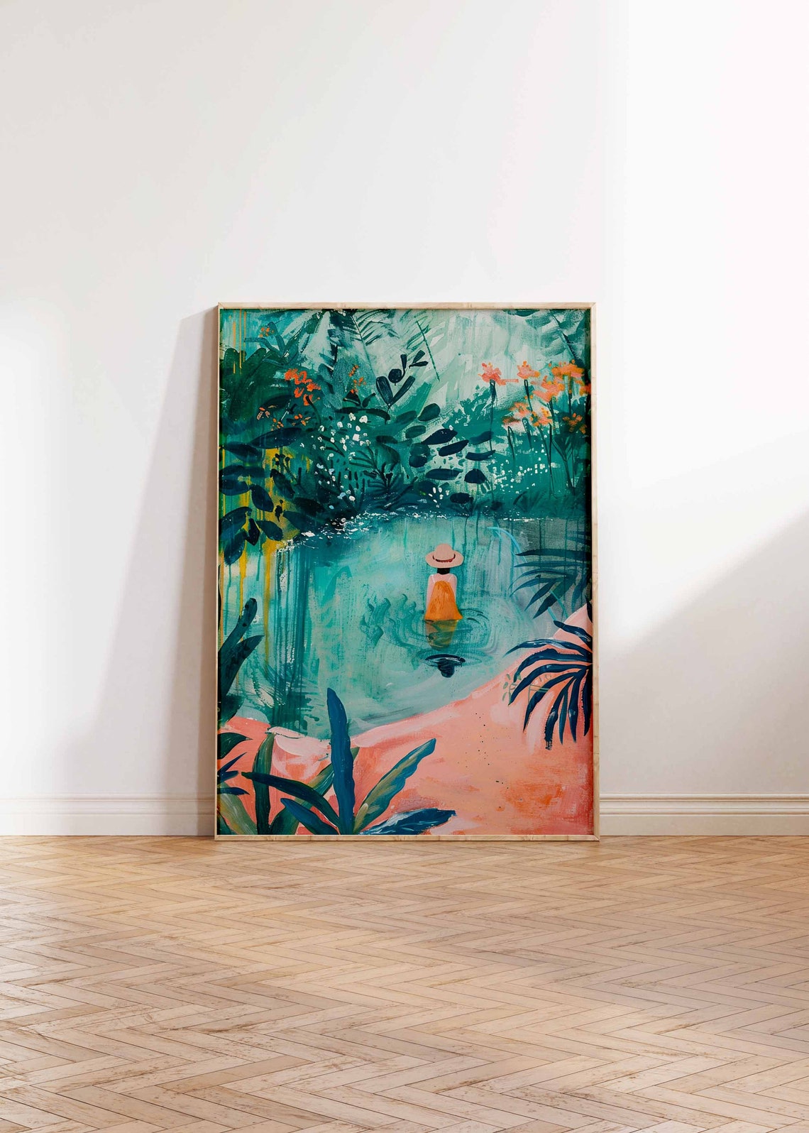 Woman in Sun Hat Wading Through Emerald Jungle Pool Art Poster - Image 3