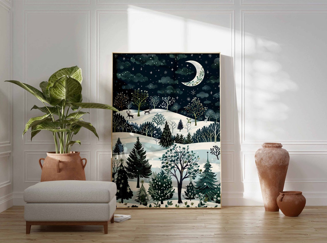 Moonlit Winter Forest Night With Deer Under Crescent Moon Poster - Image 3