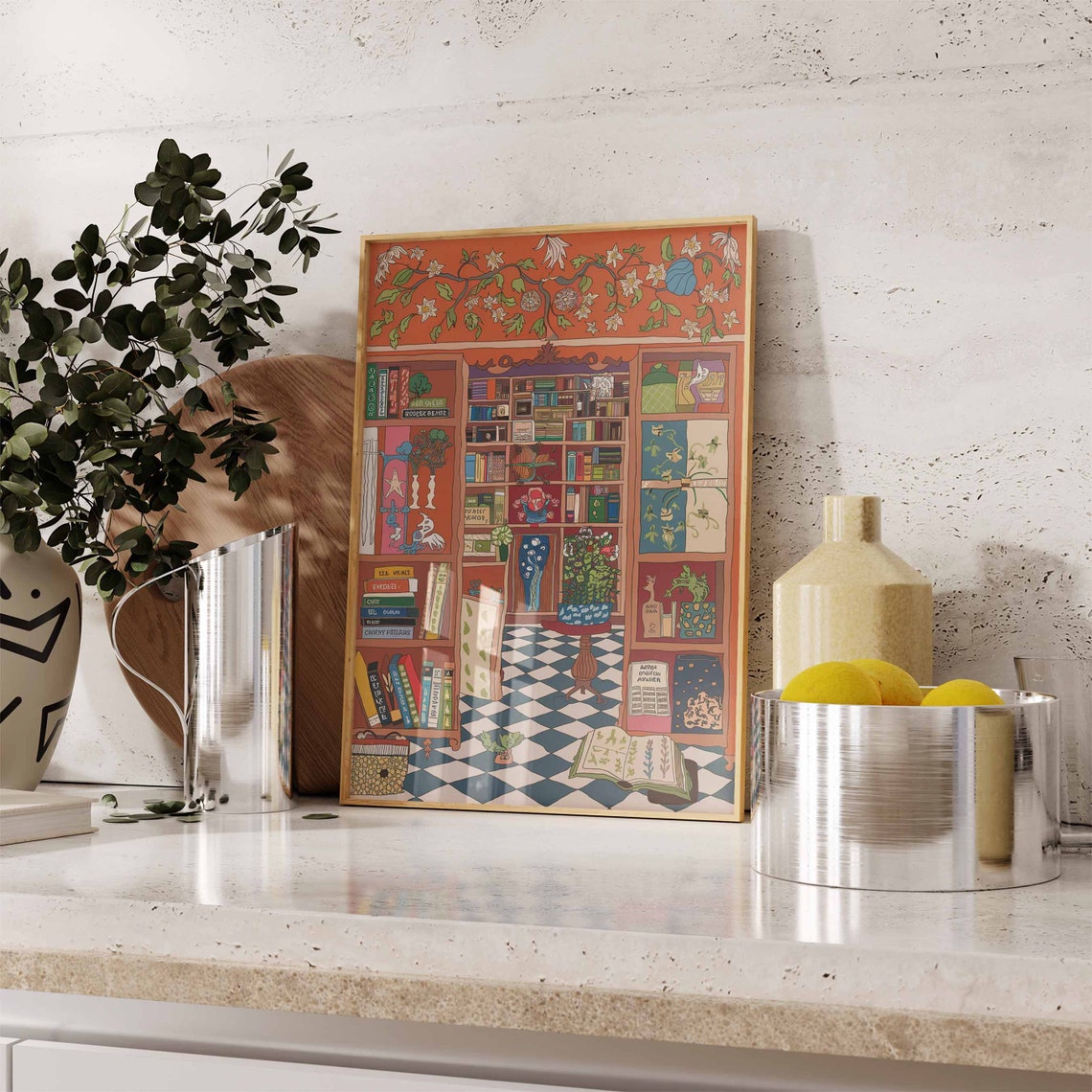 Cozy Book Nook Poster with Terracotta Library and Checkered Floor Art - Image 2