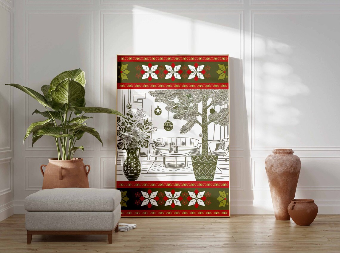 Christmas Cozy Living Room Festive Scandinavian Folk Art Poster - Image 3