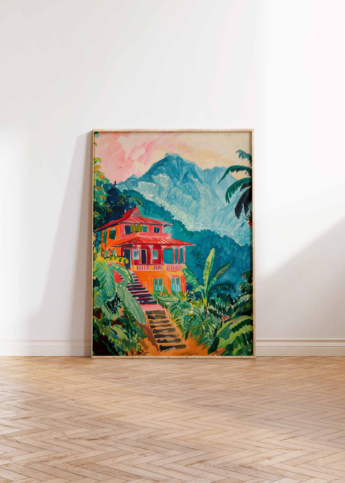Red Colonial House with Steps Among Palm Trees Mountain Art Poster - Image 2