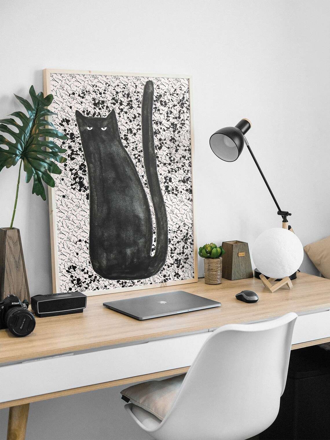 Minimalist Black Cat Watercolor Funny Feline Speckled Art Poster - Image 2