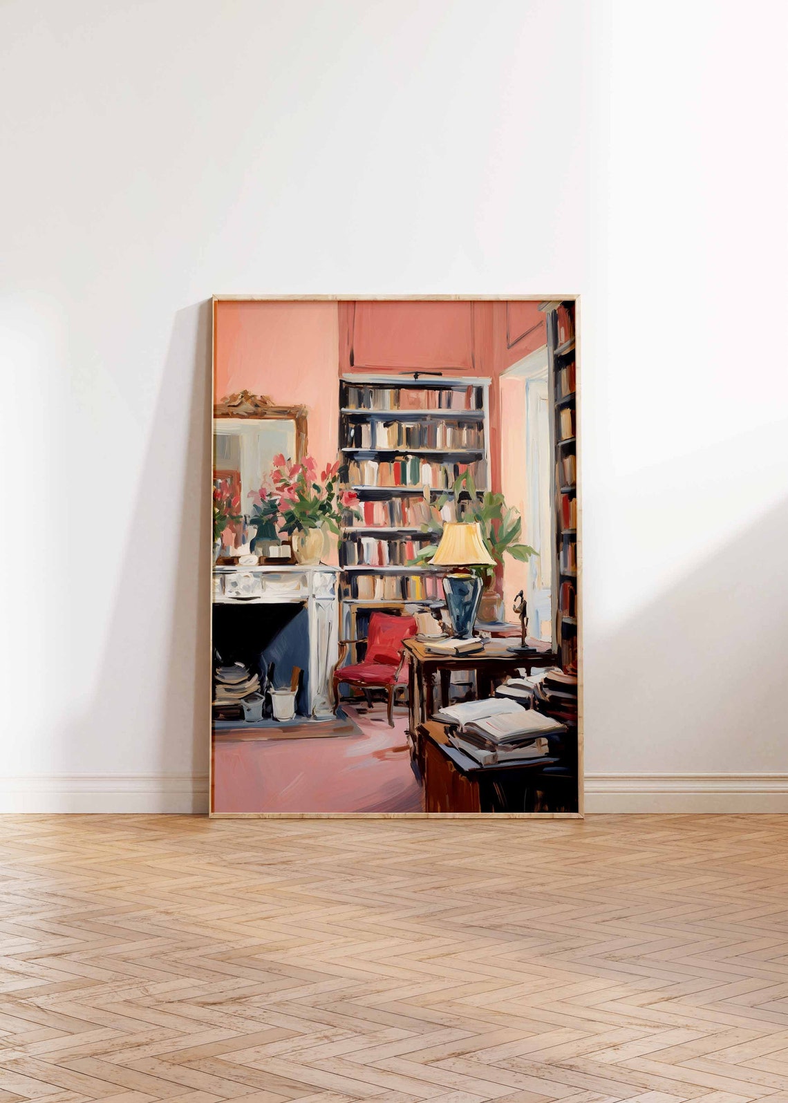 Cozy Library Interior Pink Reading Room Vintage Style Art Print - Image 3
