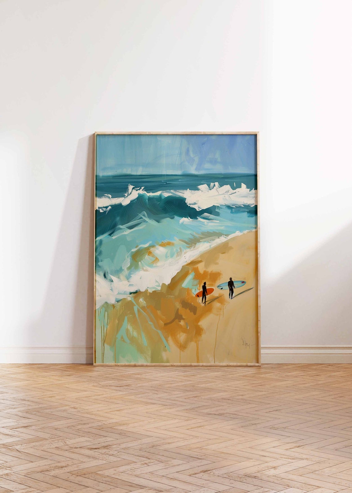 Two Surfers Walking on the Sand Beside Crashing Ocean Waves Poster - Image 2