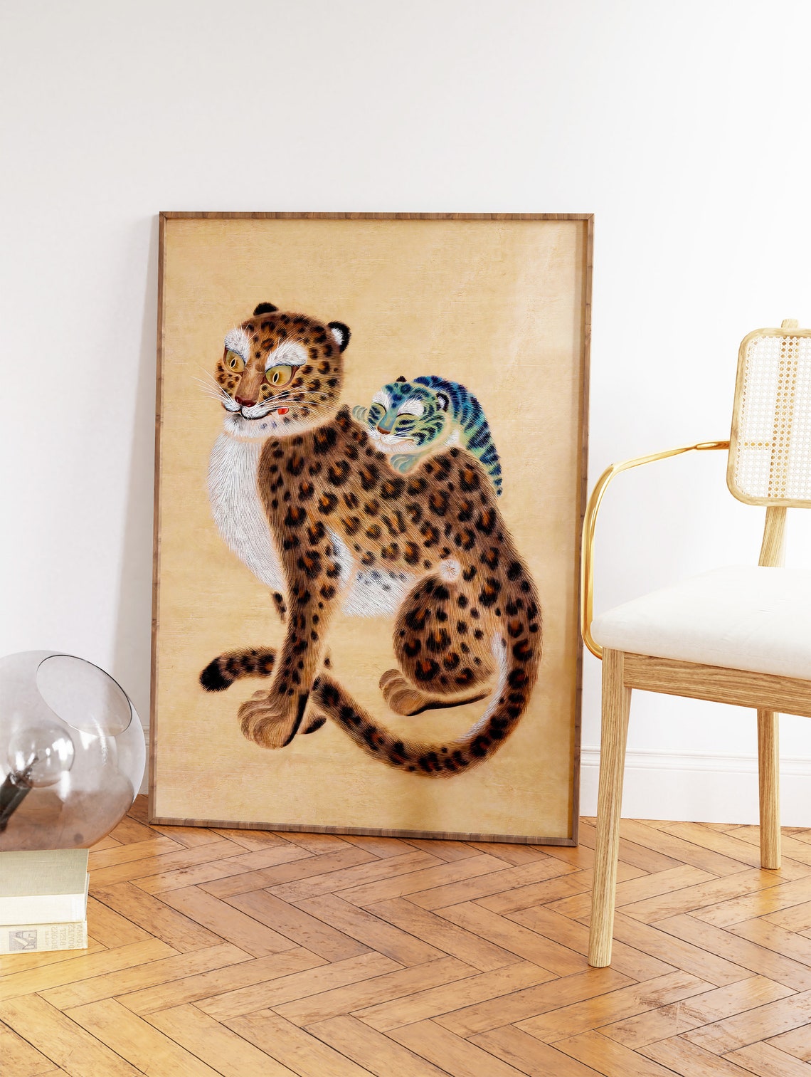 Leopard Carrying Cub Traditional Asian Wildlife Painting Poster - Image 3
