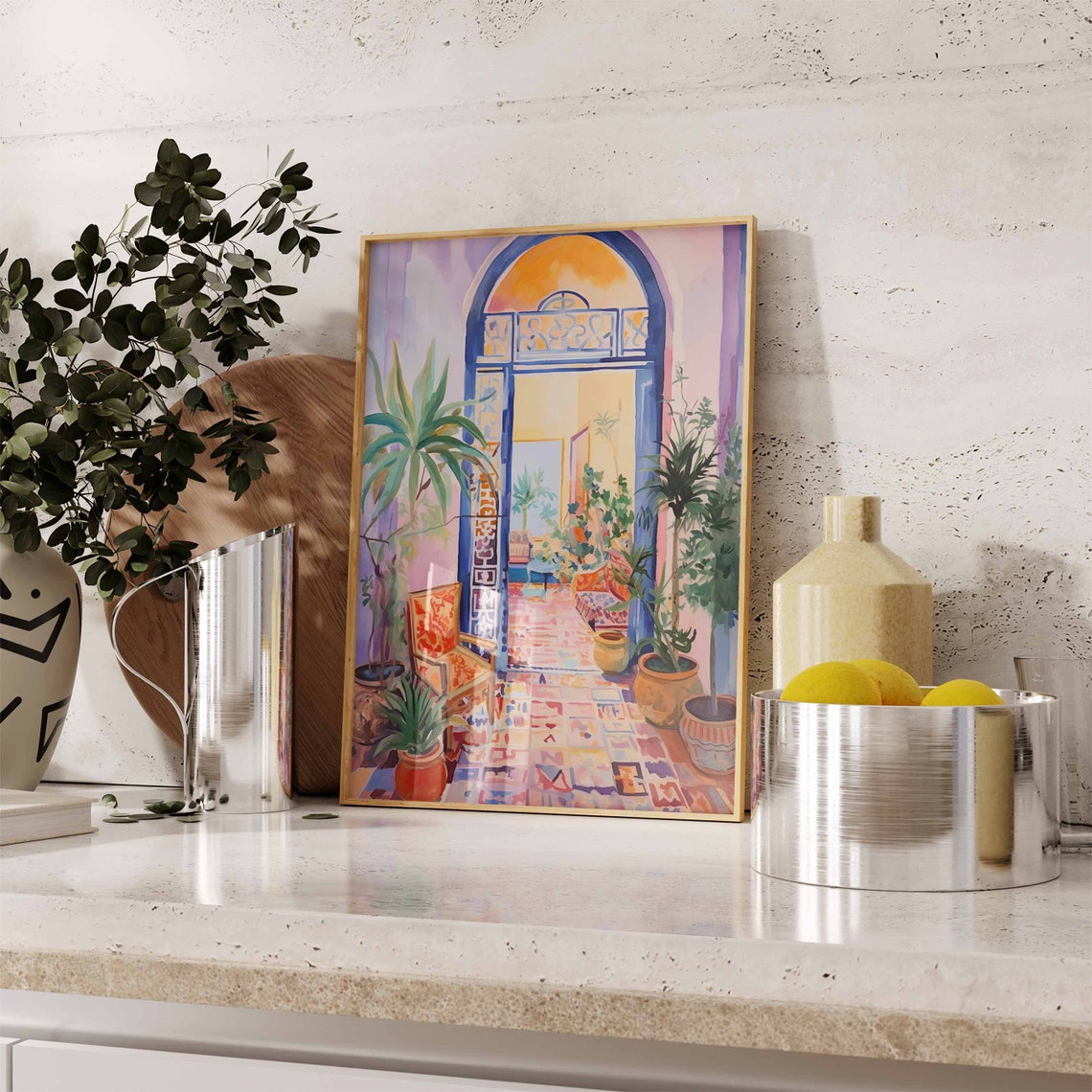 Moroccan Arch Doorway Courtyard with Plants Watercolor Poster - Image 3