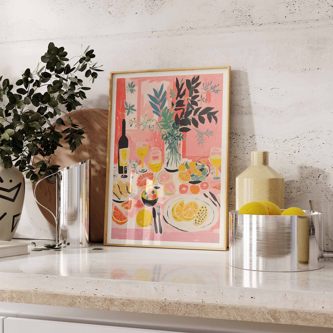 Pink Brunch Table with Citrus Wine and Pastries Kitchen Poster - Image 2