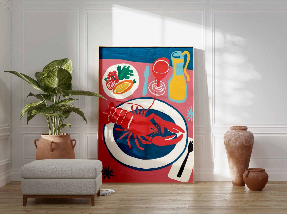 Red Lobster On Blue Plate With Wine Glass Seafood Dining Poster - Image 3