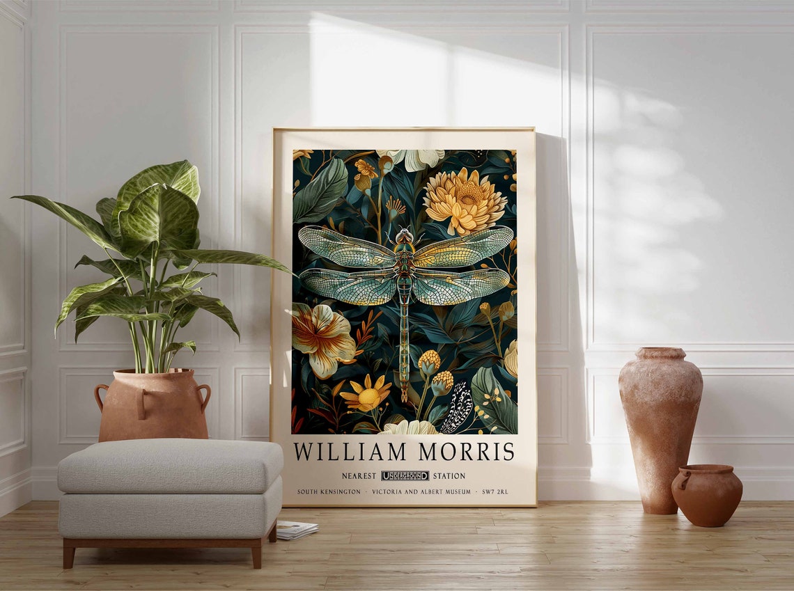 William Morris Dragonfly Dark Botanical Floral Art Decor Poster - Image 3