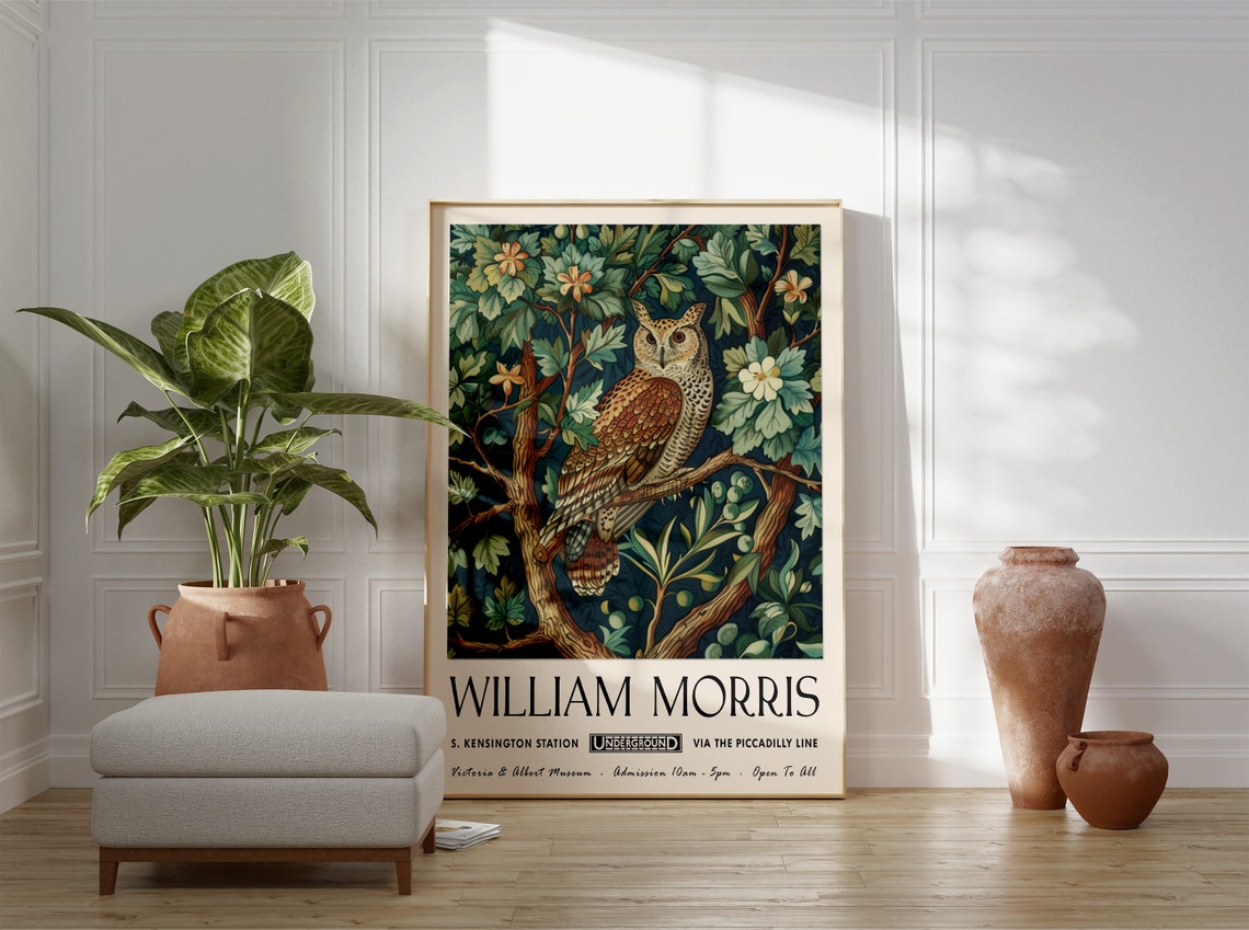 William Morris Tawny Owl in Fruit Tree Botanical Style Art Poster - Image 3