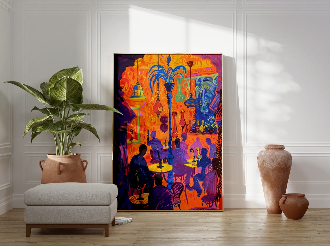 Vibrant Moroccan Cafe Hookah Lanterns Colorful Night Scene Poster - Image 3