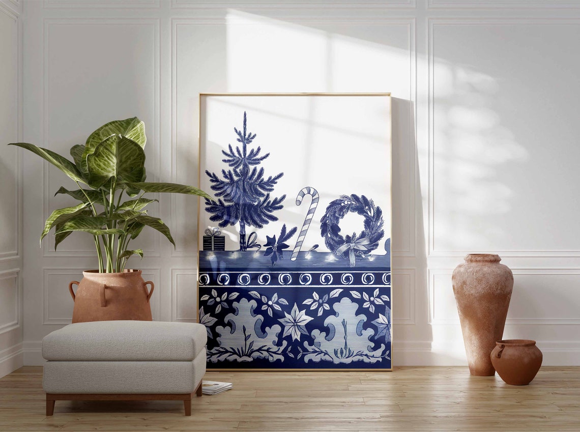 Vintage Delft Blue Christmas Tile Tree Candy Cane Wreath Art Poster - Image 3