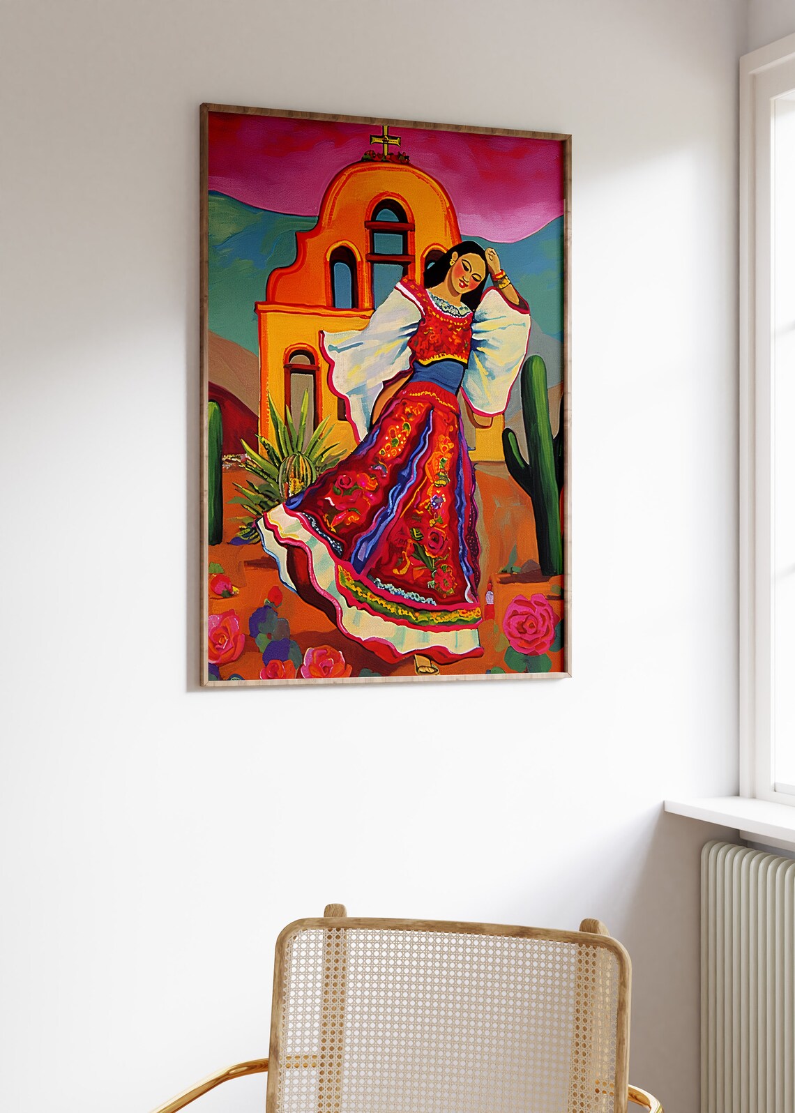 Mexican Folk Dancer in Red Dress Mission Church Desert Scene Art Poster - Image 3