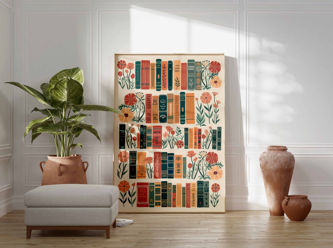 Vintage Library Book Spines with Red Poppies Reading Room Poster - Image 3