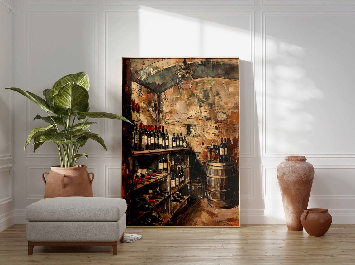 Rustic Wine Cellar Oil Painting Vintage Bottle Shelf Kitchen Poster - Image 3