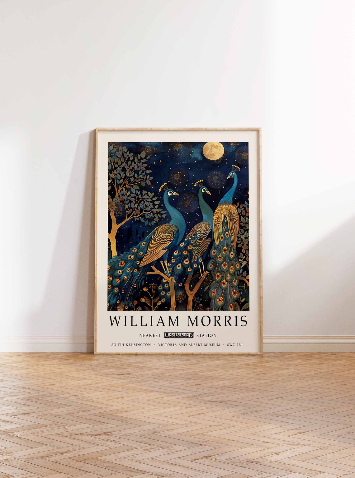 William Morris Three Peacocks Under Golden Full Moon Night Poster - Image 2