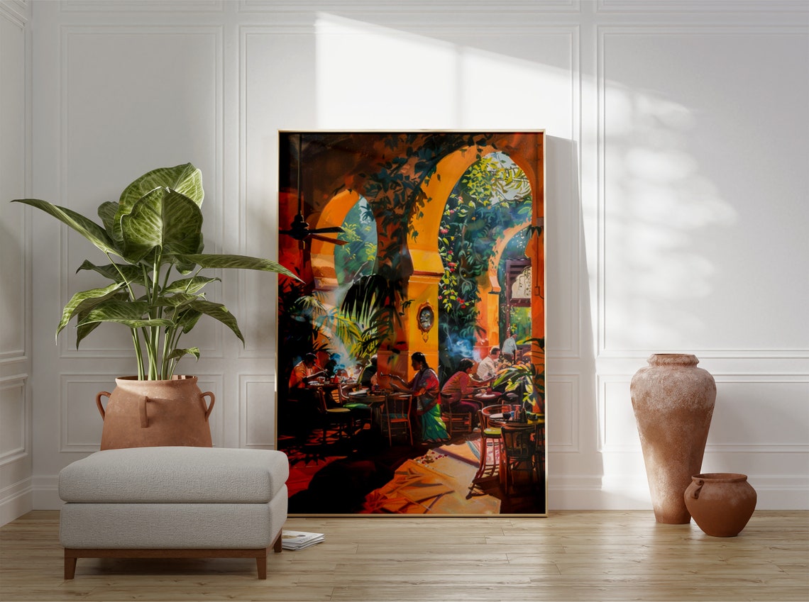Sunlit Mediterranean Courtyard Restaurant Diners Painting Poster - Image 3