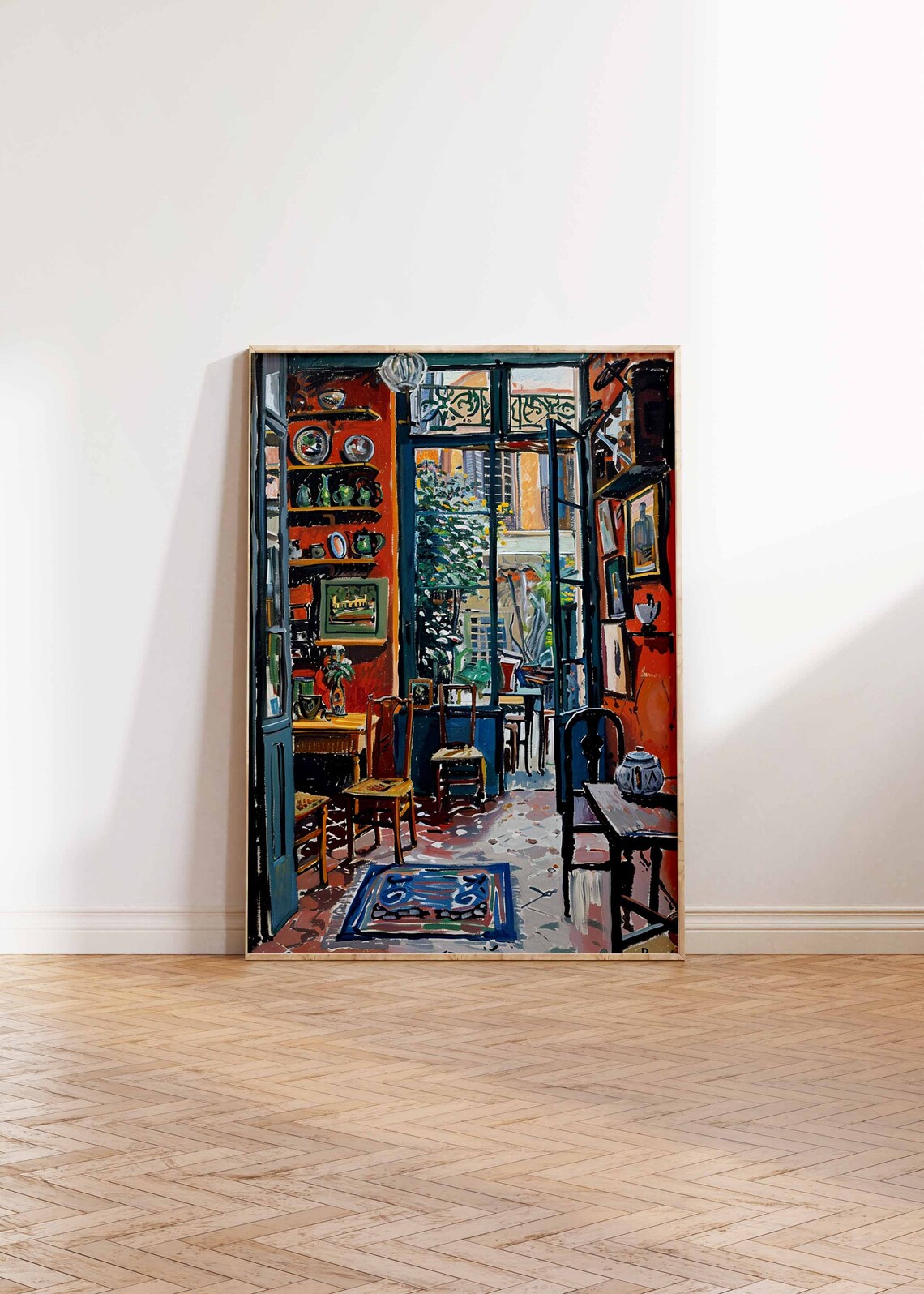 Red Dining Room Courtyard Door Pottery Shelves Bold Color Art Print - Image 2