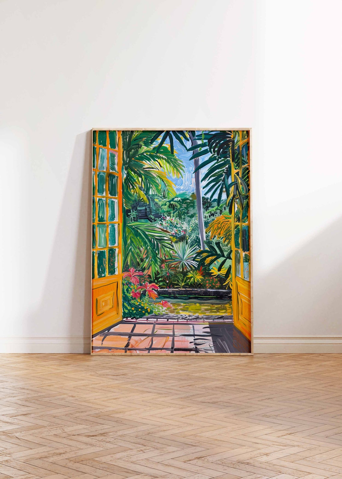 Yellow French Doors Tropical Garden Pond Palm Trees Art Poster - Image 3