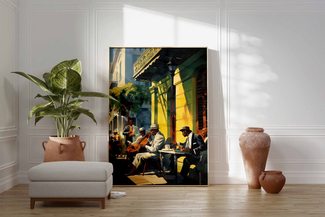 Jazz Musicians Playing at Street Café Vintage Painting Poster - Image 3
