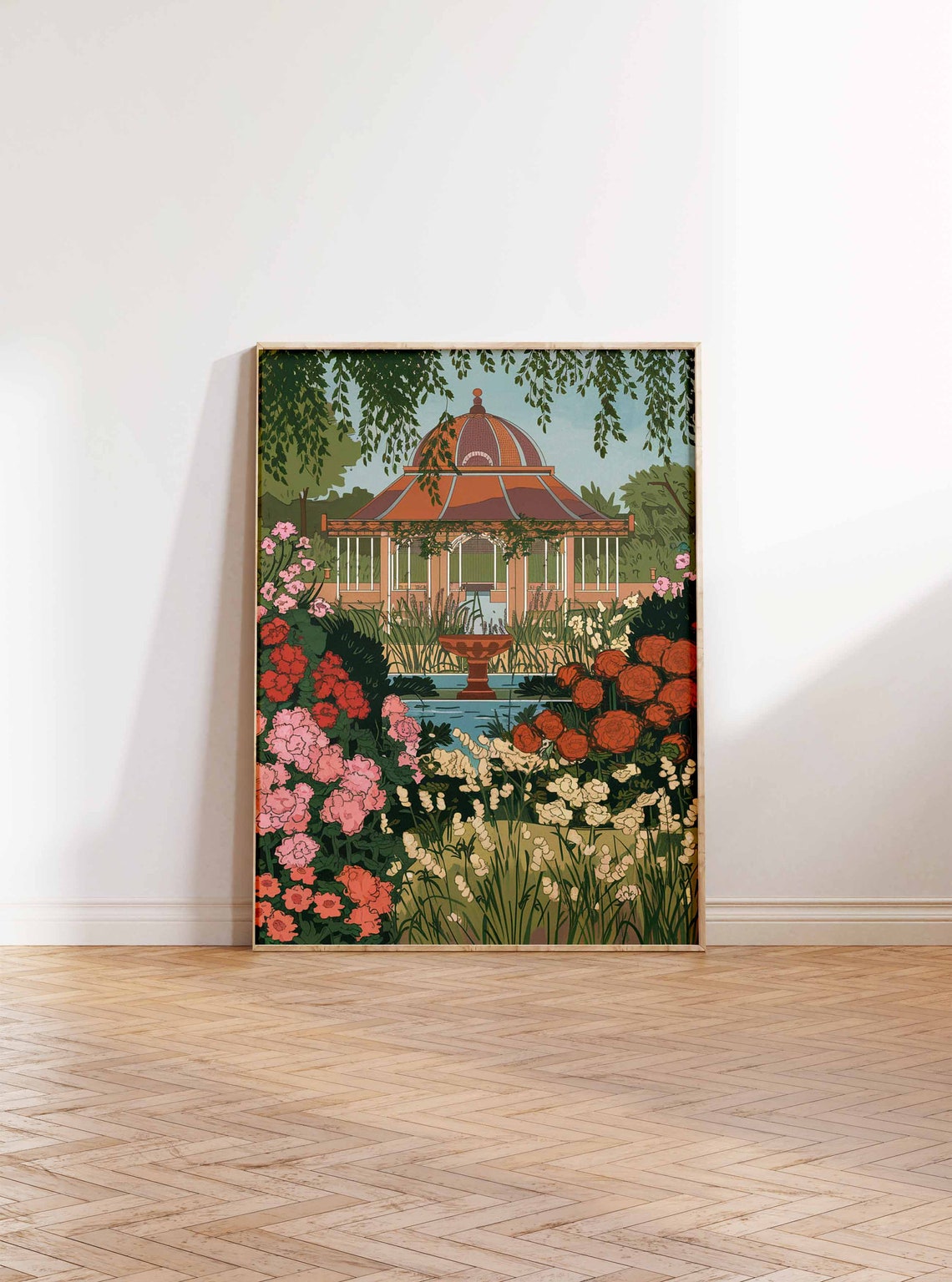 Vibrant Rose Garden Domed Pavilion Fountain Floral Art Poster - Image 2