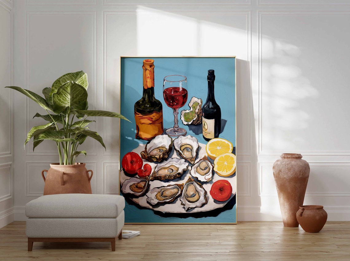 Oysters and Red Wine Still Life French Seafood Kitchen Poster - Image 3