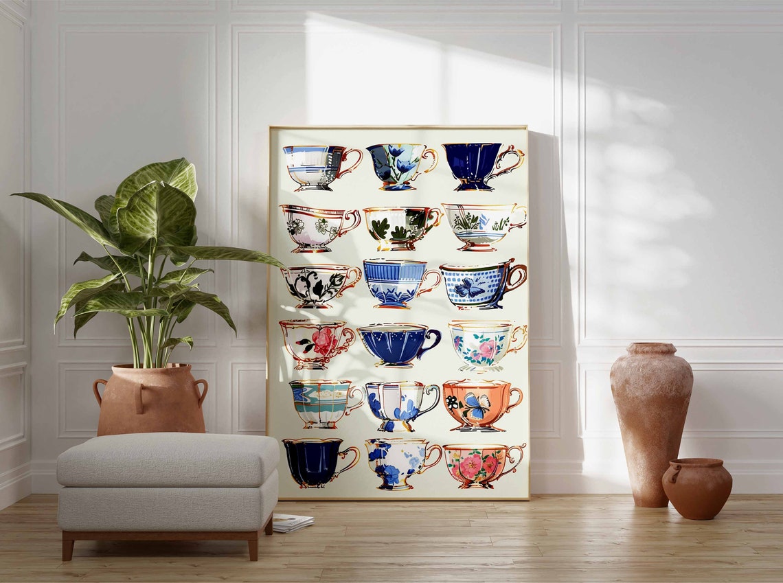 Vintage Teacup Grid Collection Floral China Cup Kitchen Decor Poster - Image 2