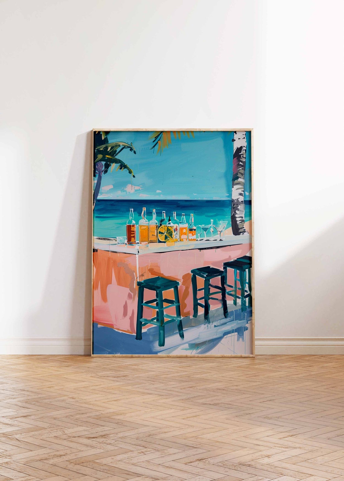 Tropical Beach Bar Ocean View Painted Coral Counter Teal Stools Poster - Image 2