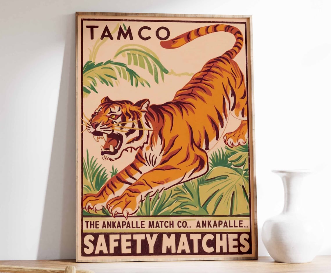 Vintage Indian Tiger Art Print, Tropical Jungle Decor