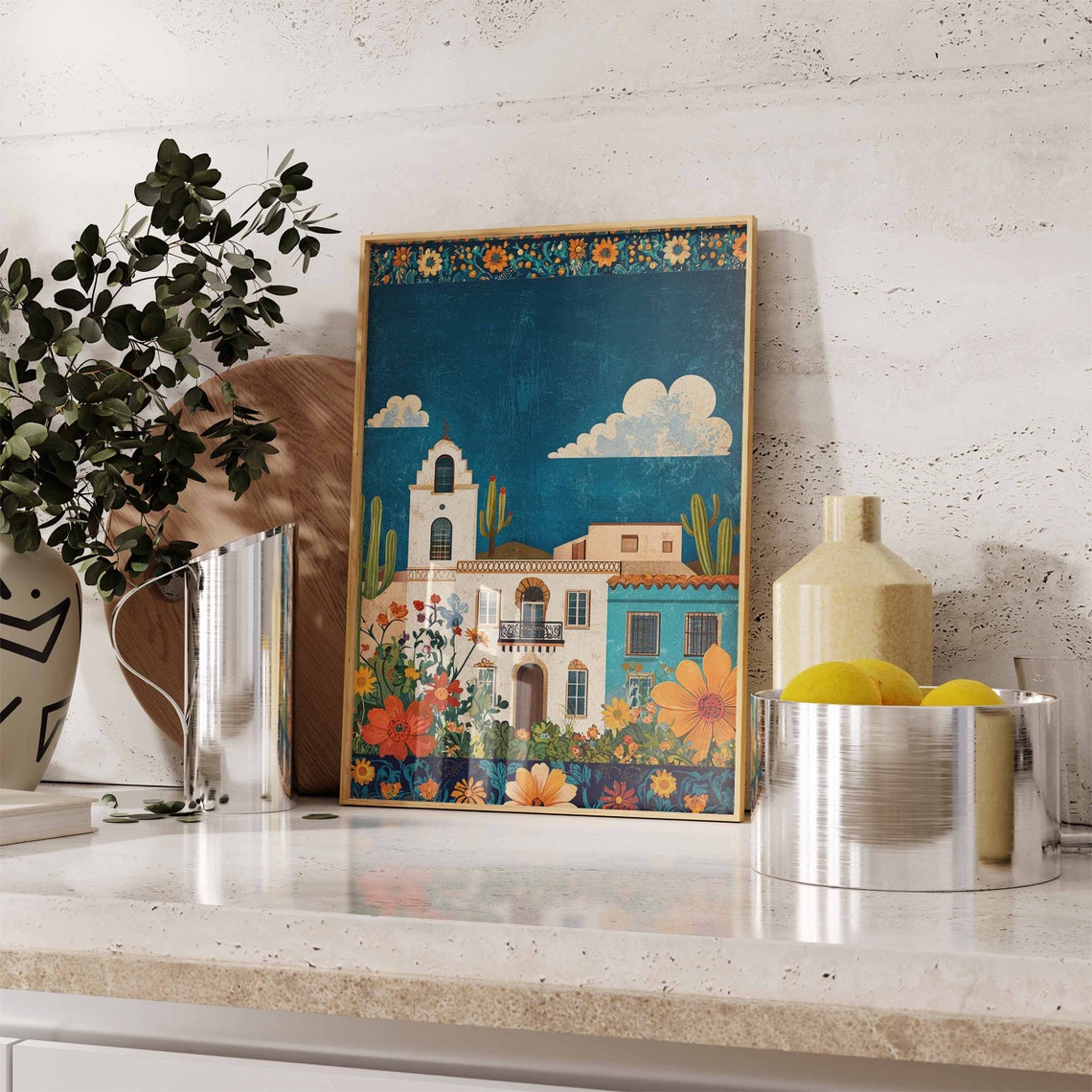 Mexican Colonial Town Mission Church Cacti Marigolds Art Poster - Image 2