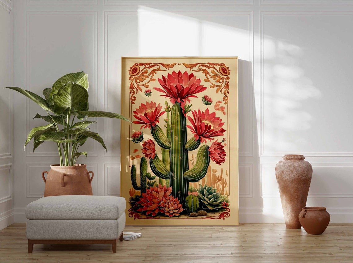 Tall Columnar Cactus With Red Blossoms Ornamental Floral Poster Art - Image 2