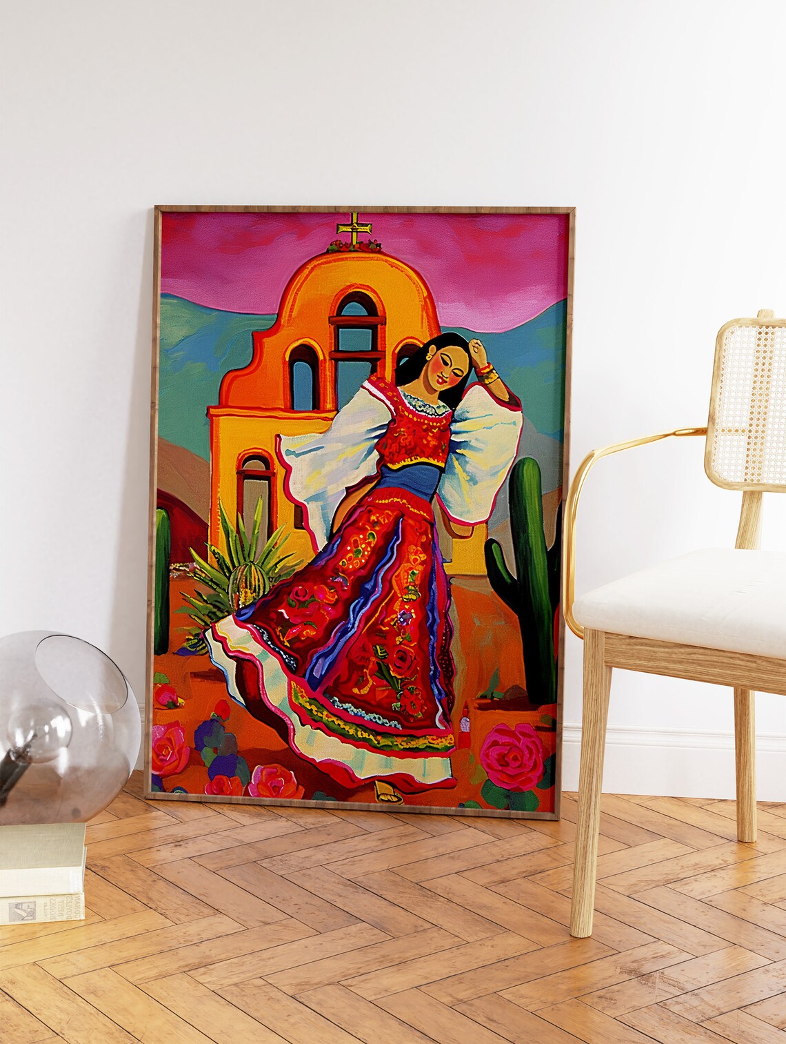 Mexican Folk Dancer in Red Dress Mission Church Desert Scene Art Poster - Image 2