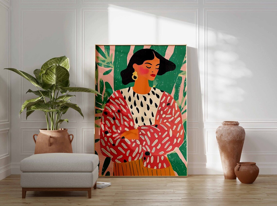 Fashion Woman Portrait With Botanical Background Colorful Art Poster - Image 2
