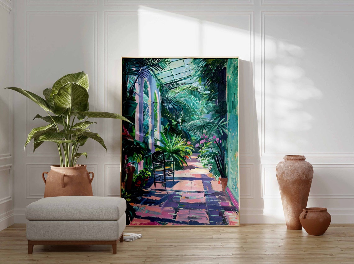 Greenhouse Corridor Potted Palms Wicker Chair Painting Poster - Image 2