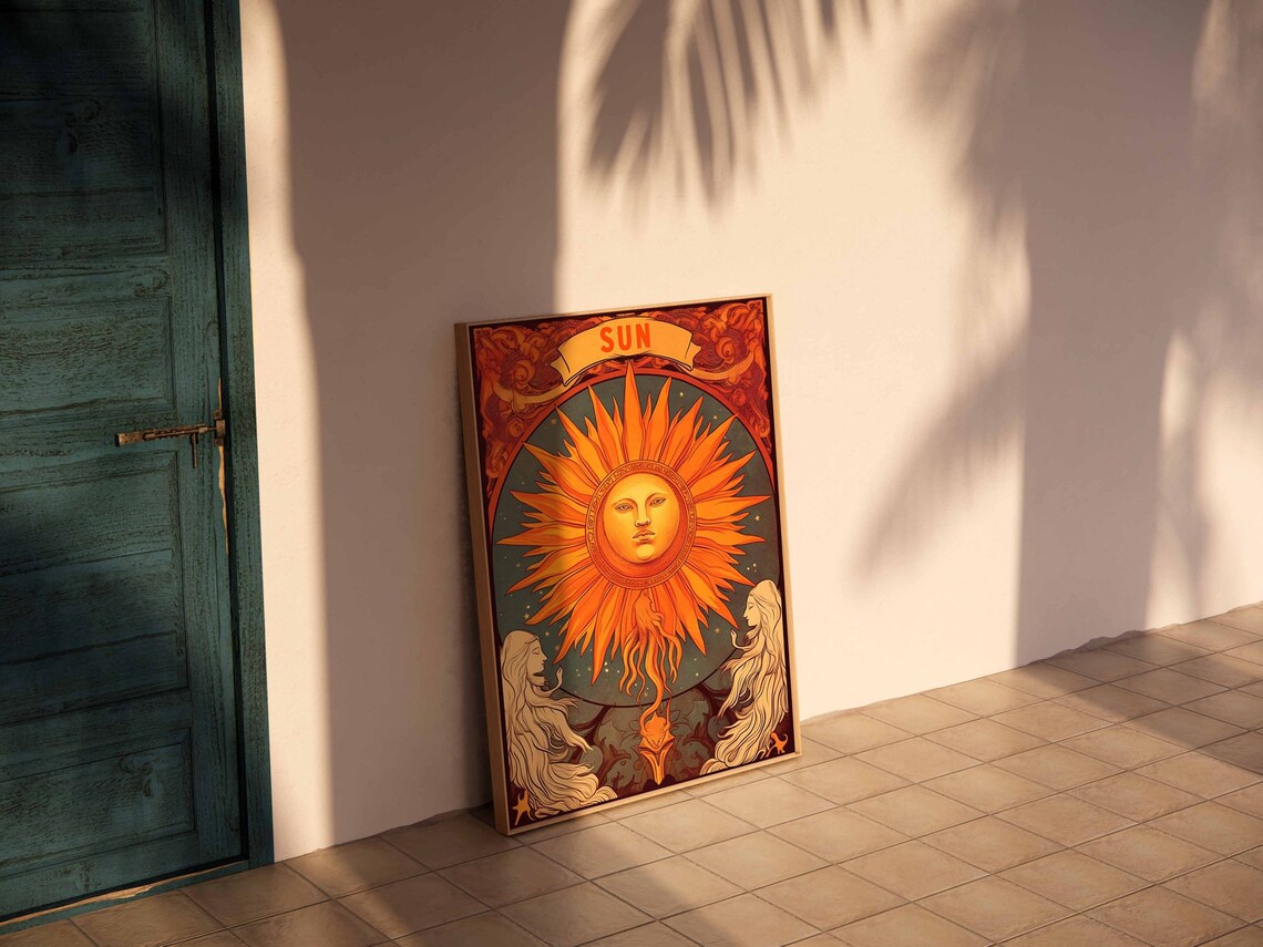 Retro Art Nouveau Sun Face Golden Orange Vintage Celestial Print - Image 3