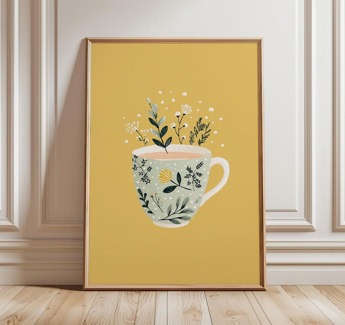 Botanical Tea Cup Art Print, Cozy Kitchen Decor