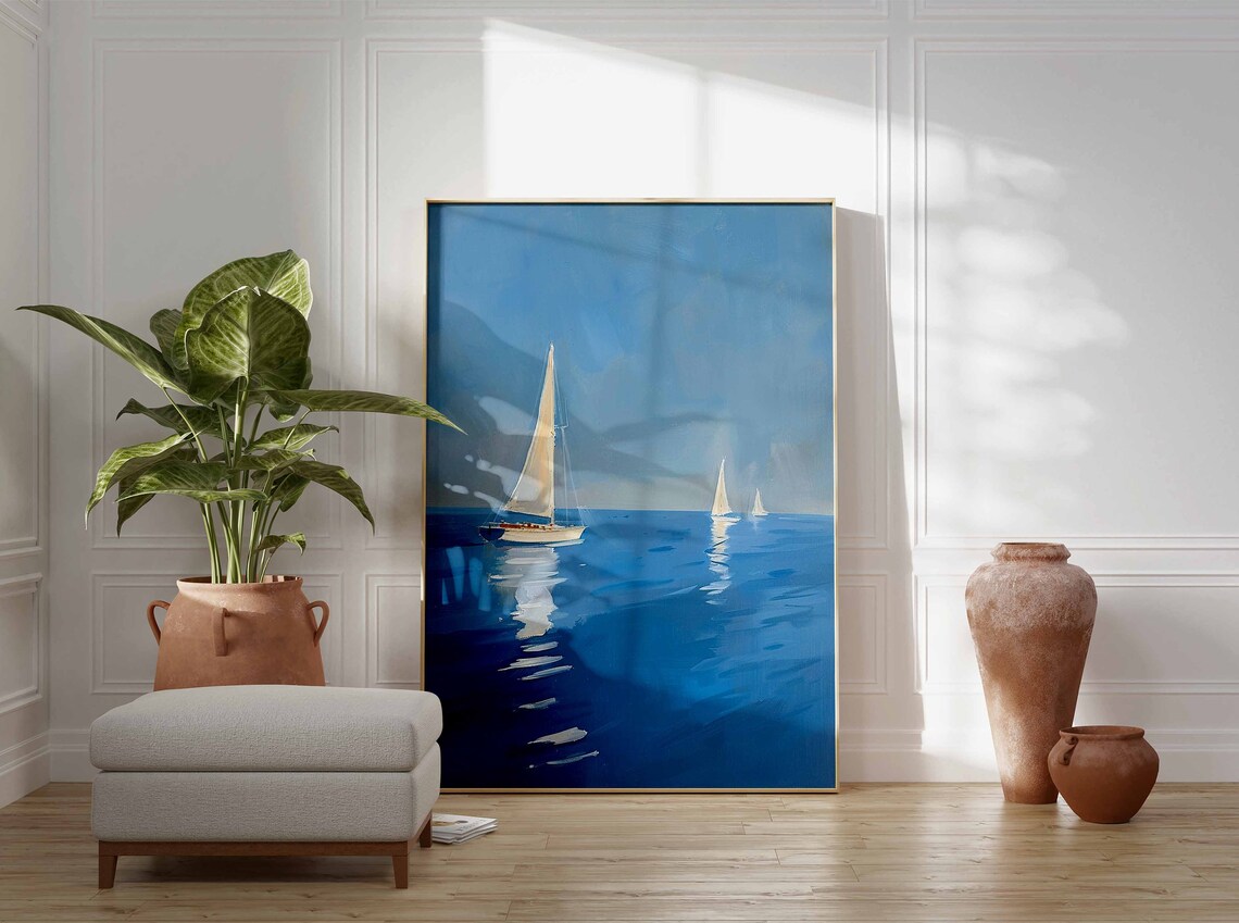 Three Sailboats on Calm Blue Water Soft Seascape Nautical Art Poster - Image 3